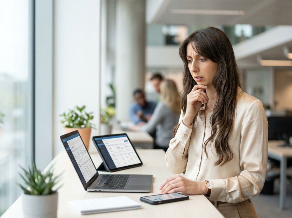 Sarah, looking concerned, glances between a laptop, tablet and phone that each show different customer information.