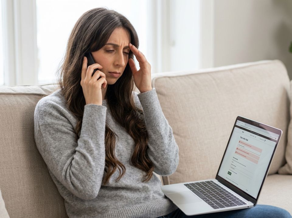 Sarah, frustrated, holds her forehead while on a support call with her online order open on a laptop.