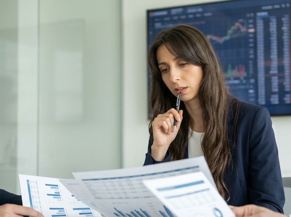 Sarah studies printed customer reports in a meeting room, pen at her lips, unsure what they are telling her.
