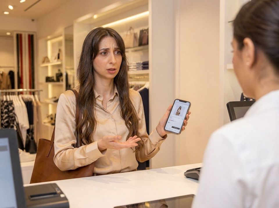 At a store checkout, Sarah shows an associate the product page on her phone, puzzled that it doesn't match.