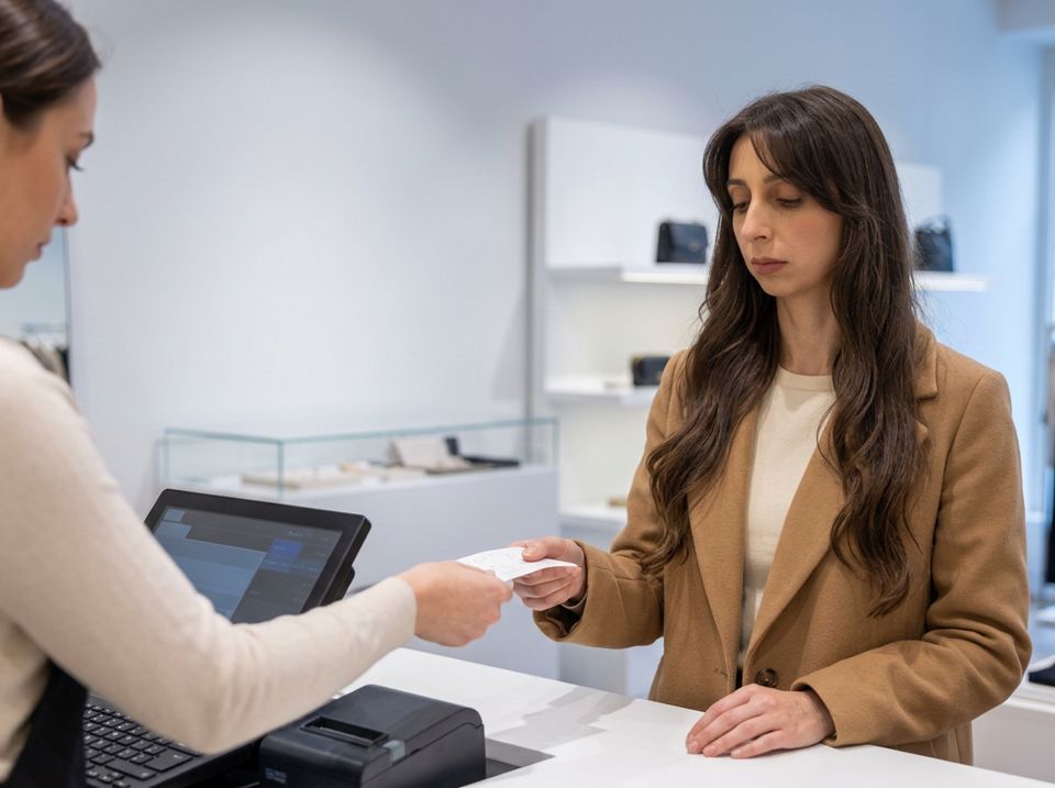 Sarah quietly takes a receipt from a store associate who never looks up from the register.