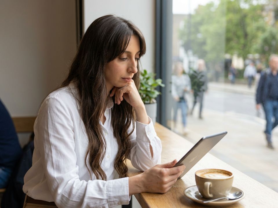 Sarah reads customer comments on a tablet at a café window, chin in hand, quietly disappointed.