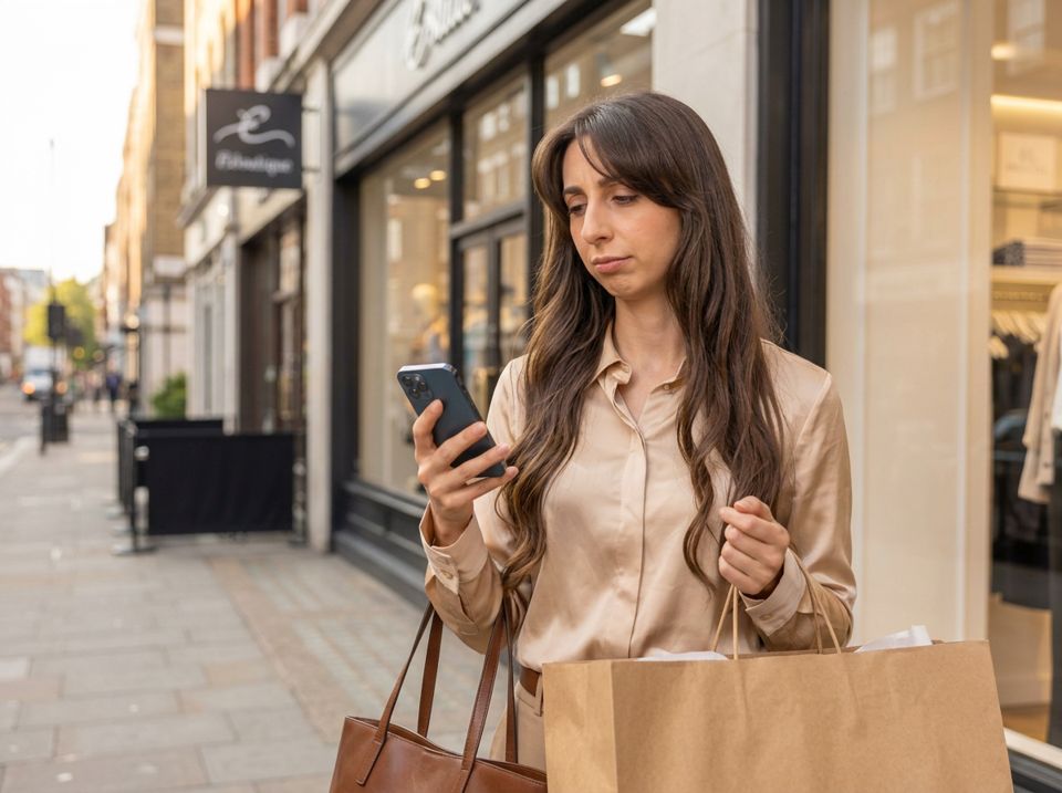 Leaving a boutique with her shopping bag, Sarah sighs at an offer on her phone that arrived after she bought.