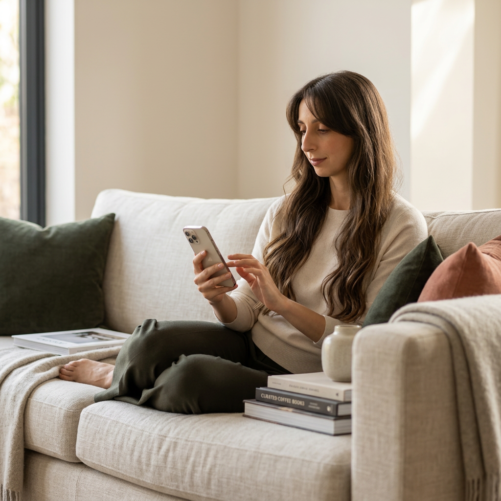 Sarah at home scrolling a fashion brand's website on her phone